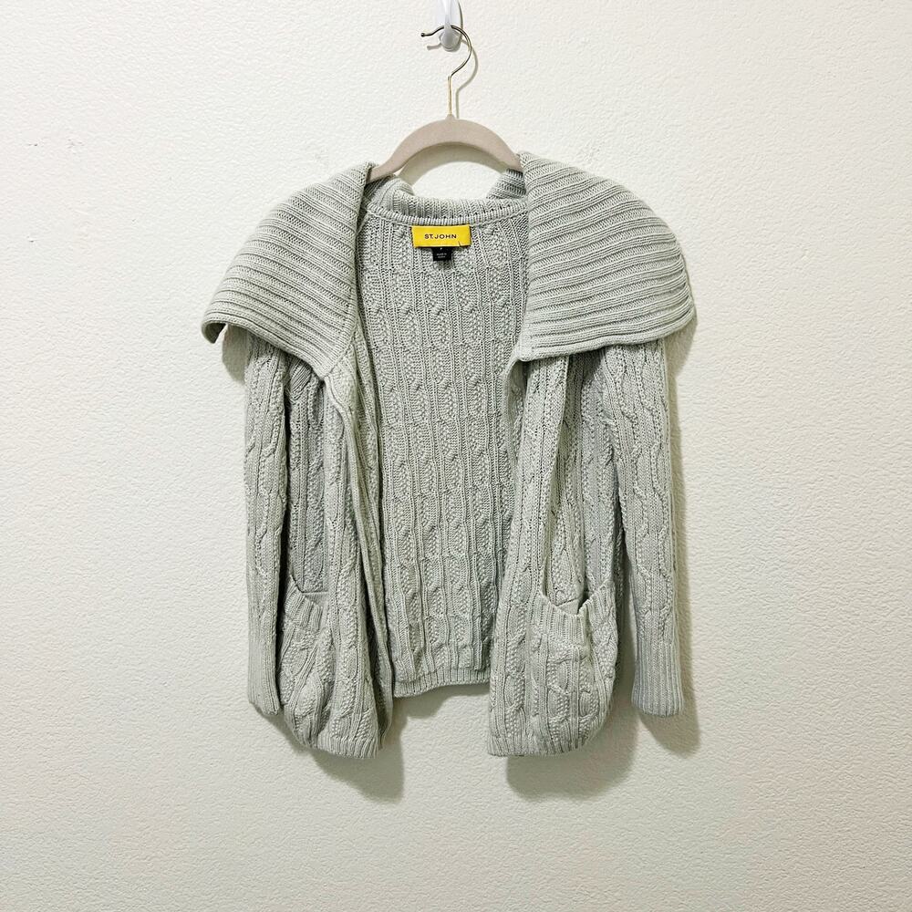 [St. John] Mint Green Open Front Chunky Cable Knit Cardigan Sweater Sz Petite P